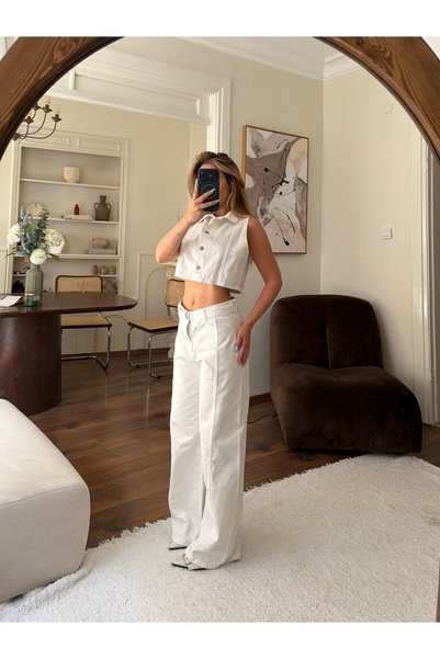 SOLİS MODA Kadın beyaz ikili takım geniş paça