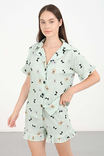 C&City Bürümcük Textured Buttoned Shorts Set Water Green