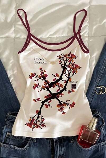 Köstebek White Cherry Blossom Red Stripe Collar Y2K Short Sleeve Crop