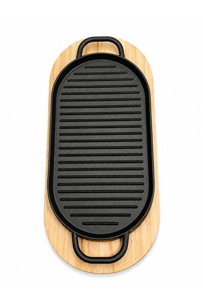 wei Tigaie Grill din Fontă cu Platou din Lemn – 30 × 16 cm