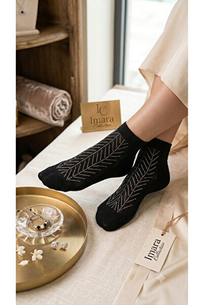 Store İmara Collection Premium Siyah Taşlı Kadın Çorap – Yaprak Desenli, Parf...