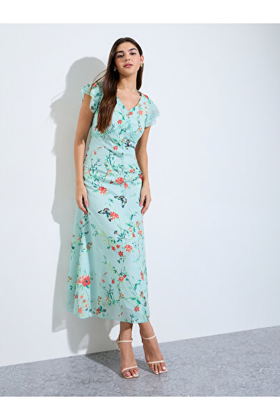 Styli Green Floral Print V Neck Maxi Dress