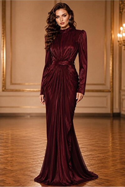 TRENDTESETTÜR KADIN BORDO KUŞAKLI DRAPELİ ŞİFON ABİYE ELBİSE T 7325