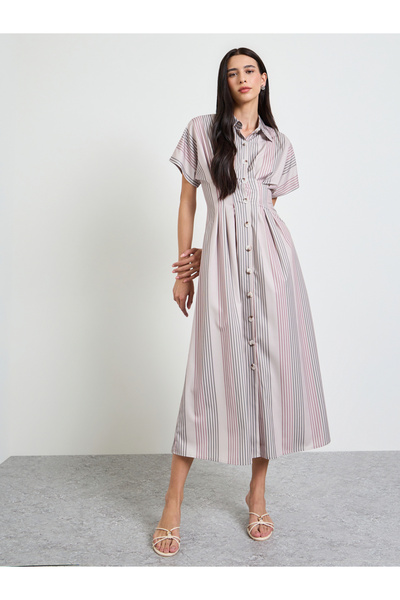Styli Beige Fitted Waist Striped Shirt Maxi Dress