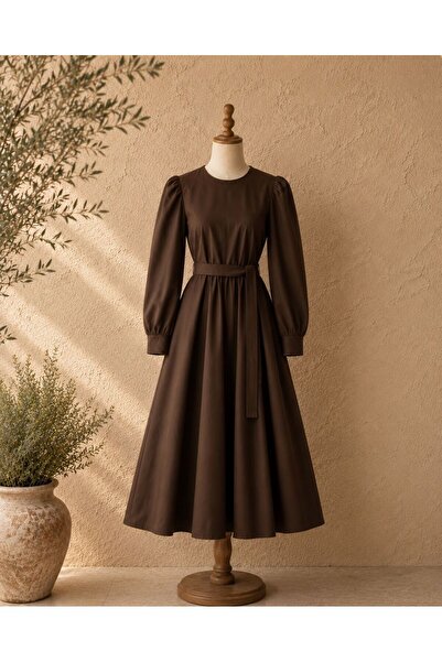 KÜÇÜĞÜM BUTİK Hijab Brown Flared Poplin Dress