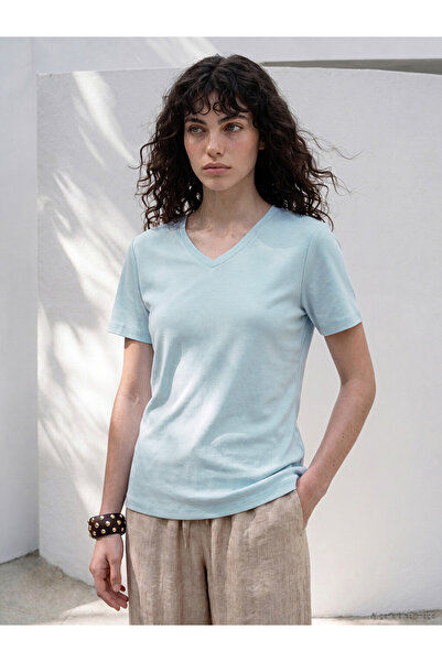 LC Waikiki Lcwaikiki Petite Blue V-Neck 100% Cotton Women's T-Shirt