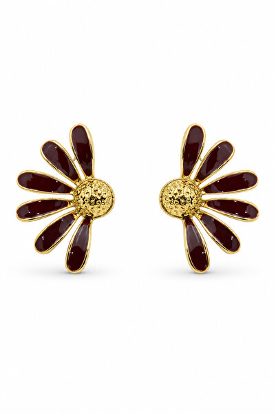 Jack Ferrero Dark Red Enamel Flower Design Earrings with Yellow Color Detail