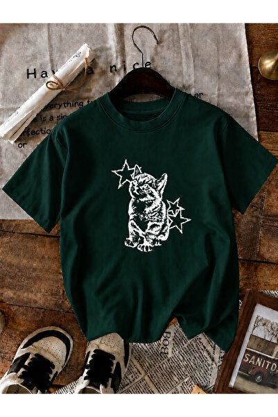 ZİYMO Women's Y2K Star Cat Printed Oversized T-Shirt Green