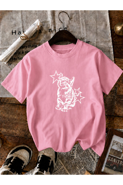 ZİYMO Women's Y2K Star Cat Printed Oversized T-Shirt Pink Pink