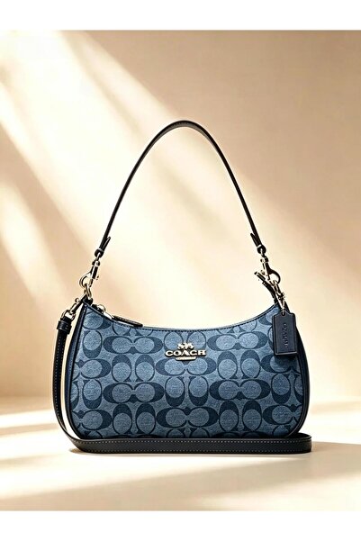 Coach New York حقيبة كتف للنساء من قماش الدنيم الأزرق، حقيبة يد، حقيبة ماسنجر