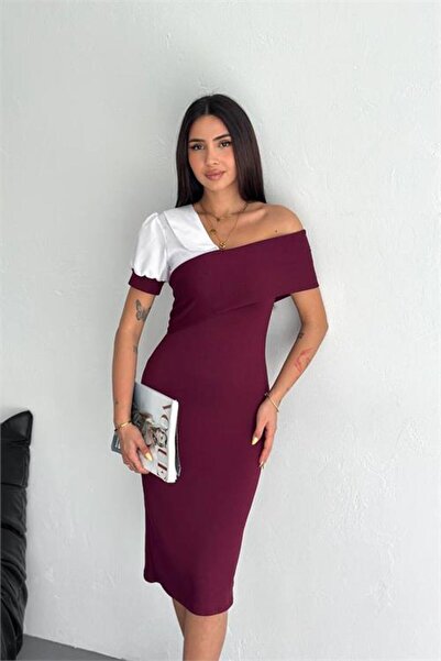 Neşeli Butik rochie midi de damă, burgundă, cu guler asimetric și detalii con...