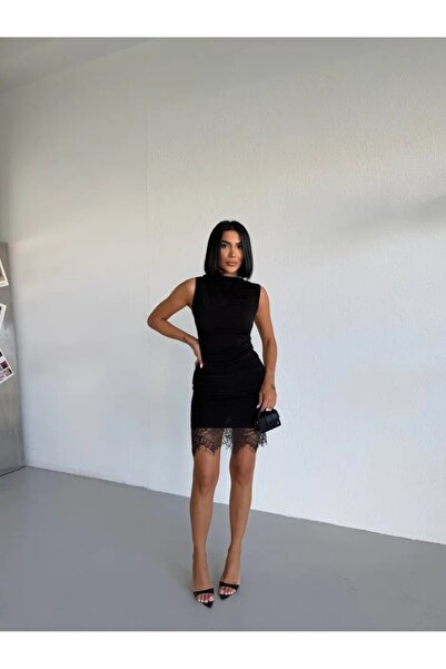 Cool & Sexy Skirt with Lace Detail Sandy Fabric Dress Black