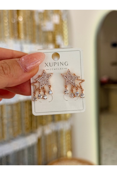 SU PERİSİ TAKI BİJUTERİ Xuping Non-Fade Rose Gold Drop Stone Hanging Star Ear...