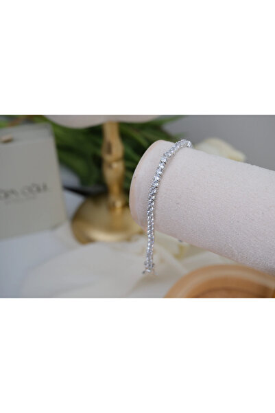 ATELİER TUĞBA Blk562 Classic Waterway Silver Bracelet with Zircon Stones (18 cm)