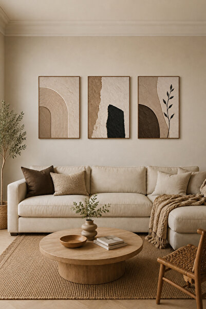 ARTI HOME Soyut Bohem 3’lü Ahşap Dekoratif Tablo Seti – Bej Kahve Minimalist ...