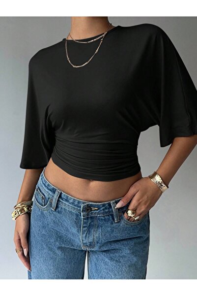Maly Love Kadın Siyah Yarasa Kol Crop Bluz Büzgülü Bel Detaylı Şık Basic Bluz