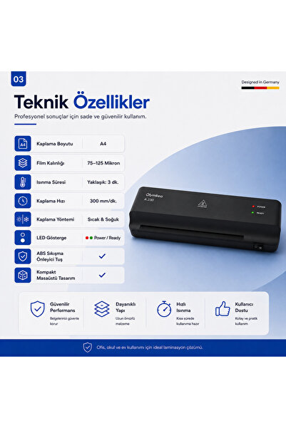 Olymkea A230 A4 Laminasyon Makinası&Siyah 12 Adet PVC Film Hediyeli