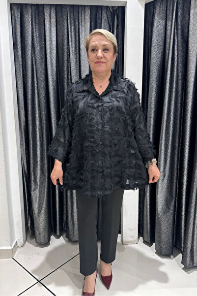 Büyük Beden Şifon İçlikli Sakallı Detaylı Gömlek