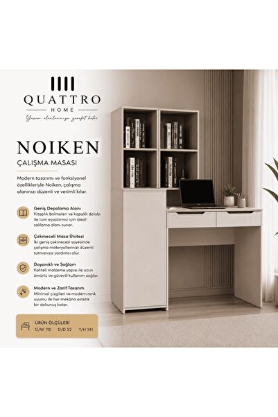 QUATTRO HOME Livia Çalışma Masası Kitaplıklı ve Çekmeceli Modern Çalışma Masası