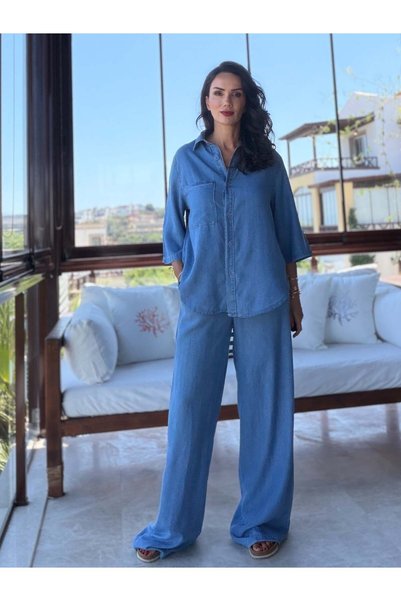 Atelier Derin Mavi Kot Tensel Gömlek Pantolon Takım