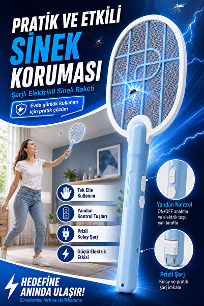 Seyoni Şarjlı Sinek Raketi Elektrikli Sivrisinek Öldürücü El Tipi Manuel Kullanım Prizli Şarj Mor Işıksız