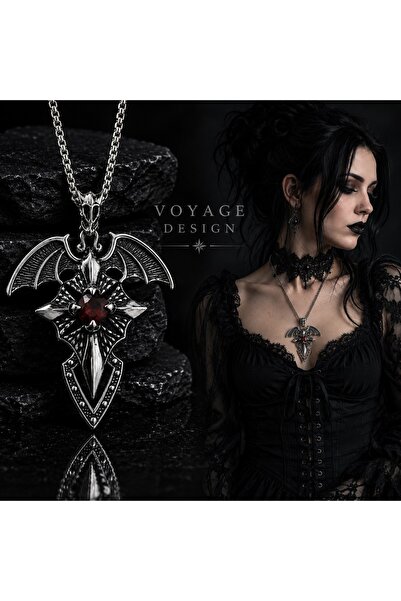 voyageaccessory Paslanmaz Çelik Kırmızı Zirkon Taşlı Melek Kanat Stil Gotik K...