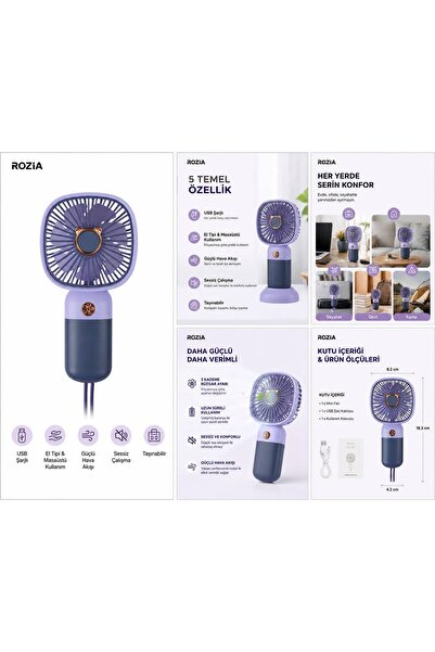 ROZIA USB Şarjlı Mini El Vantilatörü Taşınabilir Masaüstü Fan 3 Kademeli Sessiz Soğutucu