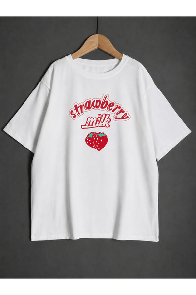 ZİYMO Women's Strawberry Milk Printed Oversized T-Shirt