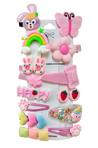 SHEKER HOME Accessories 14’lü Kız Çocuk ve Bebek Saç Tokası Seti Pembe Tavşan...
