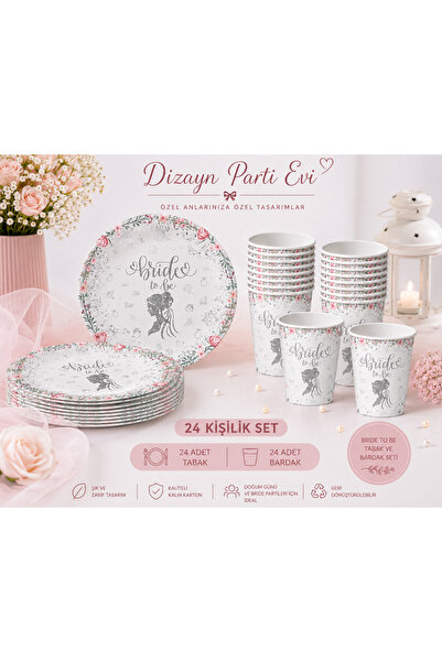 Dizayn Parti Evi Bride To Be Gümüş Tema Kağıt Tabak ve Bardak Seti | Bekarlığ...