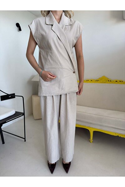 Bade Butik Stone Color Linen Suit with Side Buttons