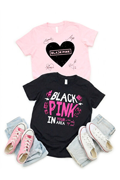STİL-X طقم تي شيرت مطبوع عليه BLACK PINK مكون من قطعتين للفتيات، مصنوع من قما...