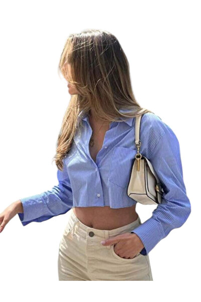 OEM Camasa dama, casual, scurta, cu maneca lunga, albastru cu alb, XS