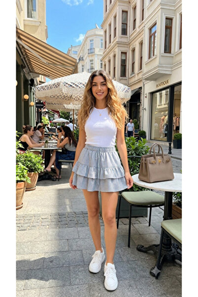 WeShaya Women's Blue Gingham Patterned Layered Ruffle Shorts Skirt with Elast...
