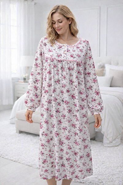 AYSUN TEKSTİL Large Size Long Sleeve Women's (Mom's) Nightgown Floral Pattern...