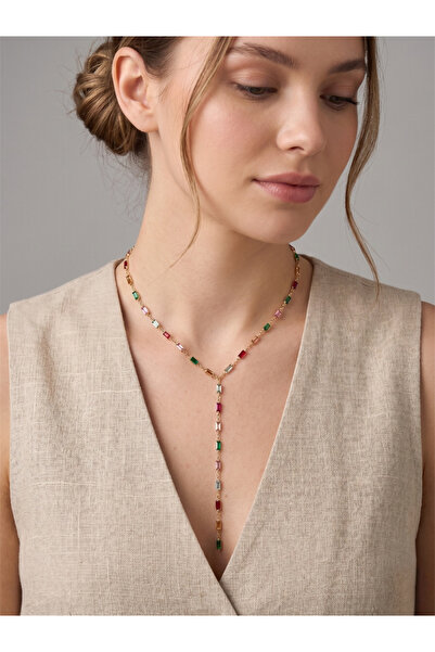 Pelin Aksesuar Colorful Baguette Stone Gold Color Y Necklace