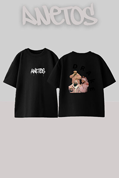 Anetos Μαύρο μπλουζάκι Drake_15 με στάμπα σχεδίου, unisex, oversize