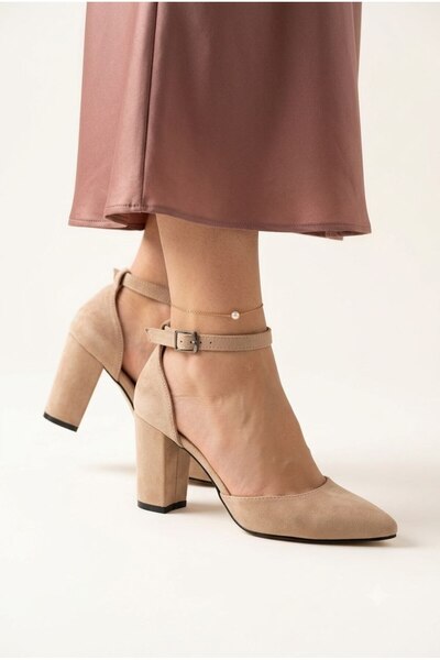 Gönbeler Women's Cream Beige Suede Numuk Ankle Strap Thick Heeled Shoes Sanda...