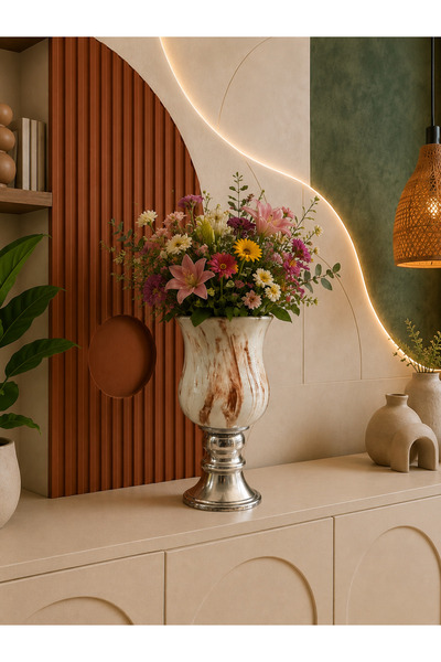 daiza home Ev Dekorasyon Aksesuarı Ayaklı Çan Vazo Kahverengi Marble GÜMÜŞ