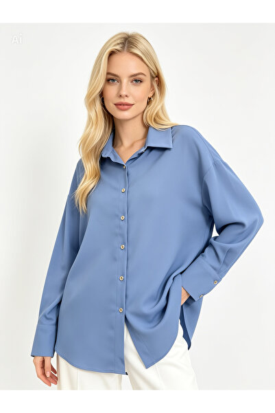 Allora Vivi Kadın Oversize Düşük Omuz Düğmeli Saten Gömlek