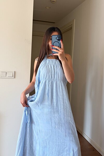 Laluvia Blue Drawstring Collar Scarf Long Dress - 3428