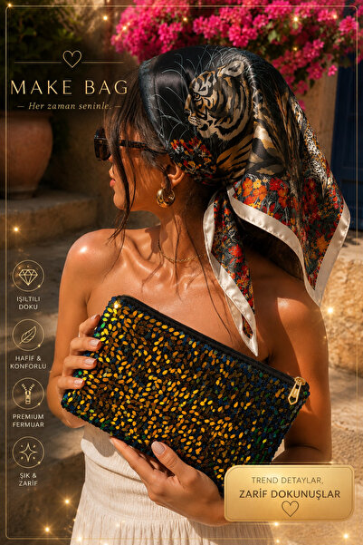 MAKE BAG 2'Lİ SET BONCUKLU PORTFÖY MAKYAJ ÇANTASI - DESENLİ FULAR KADIN BANDANA