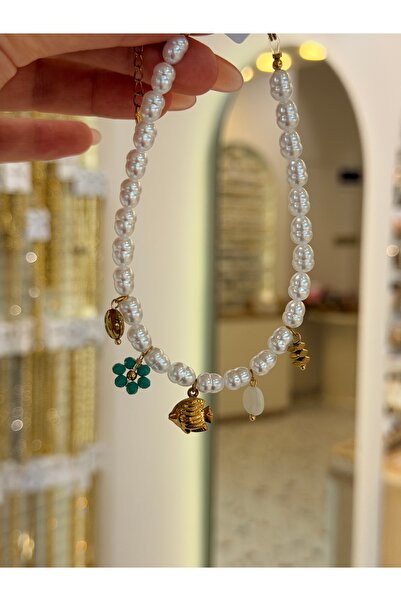 SU PERİSİ TAKI BİJUTERİ Steel Anti-Corrosion Gold Pearl Fish-Detail Anklet