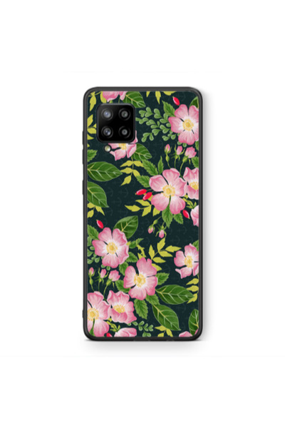 Other Samsung A42 5G Pink flowers green laves Black Glossy Θήκη