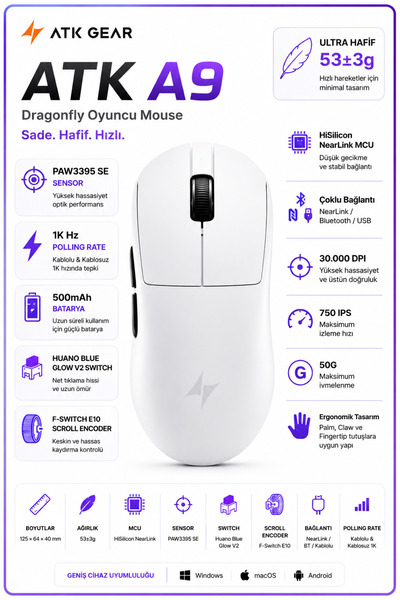 ATK A9 Ultra Max 2.0 Kablosuz Oyuncu Mouse PAW3950 Ultra 42000 DPI 8KHz Nordi...