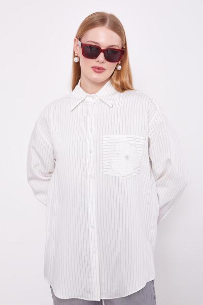 Levidor Ecru Pocket Floral Embroidery Detailed Shirt