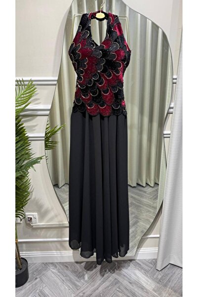 Mar style Luxury Velvet Embroidery Sequined Halter Evening Dress
