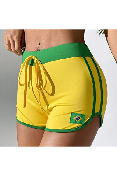 Yukatay Sarı Vintage Brasil Yeşil Şeritli Biyeli Kısa Şort
