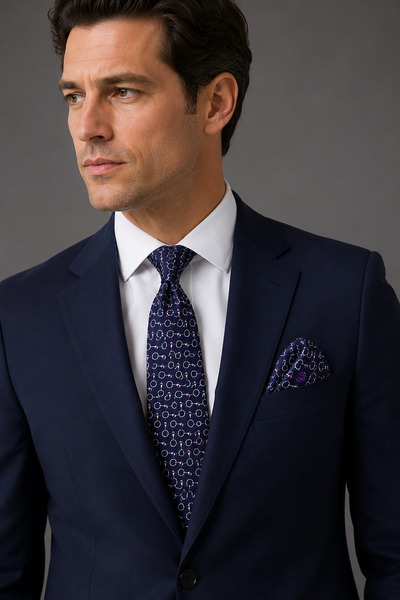 Bisse Navy Blue Silk Tie and Handkerchief Set