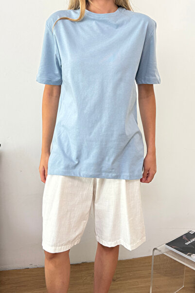 GİYSA Kadın Bisiklet Yaka Basic T-Shirt Mavi - 23507